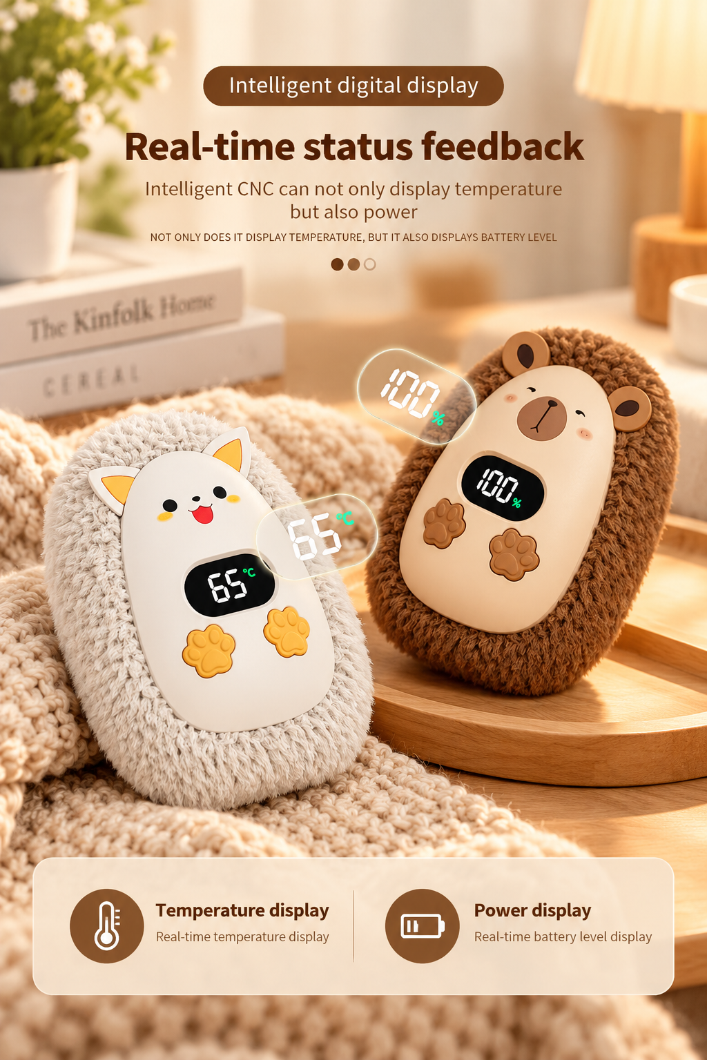 Digital display showing temperature and power indicators on plush hand warmers