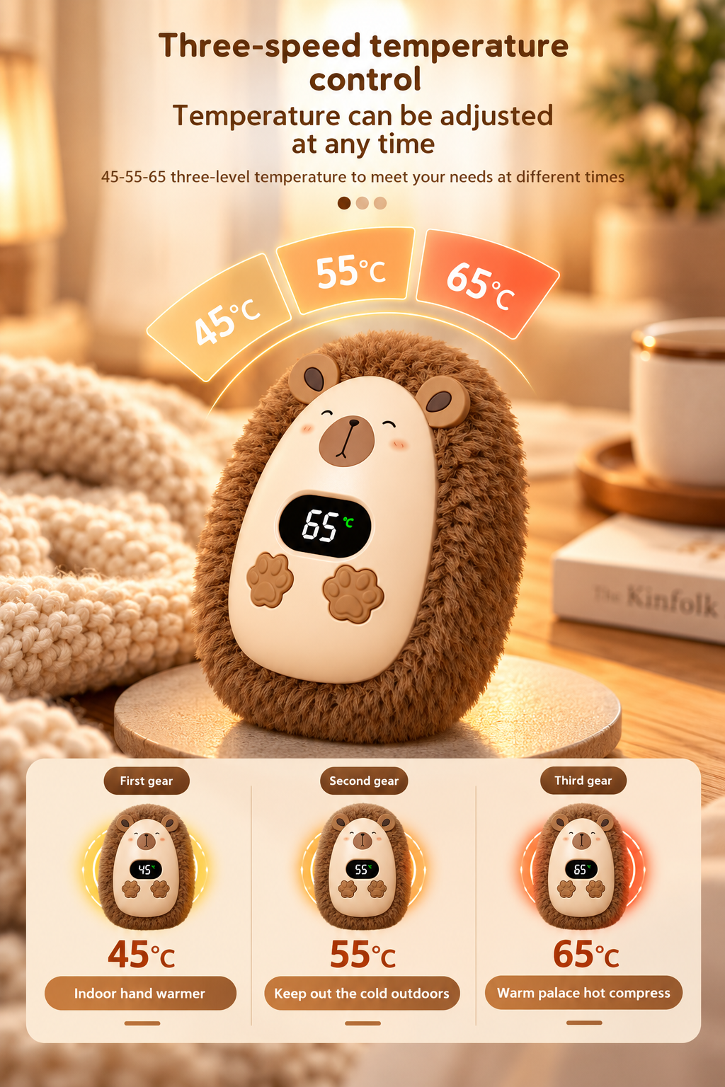 Three-temperature plush hand warmer with 45, 55 and 65 degrees Celsius settings