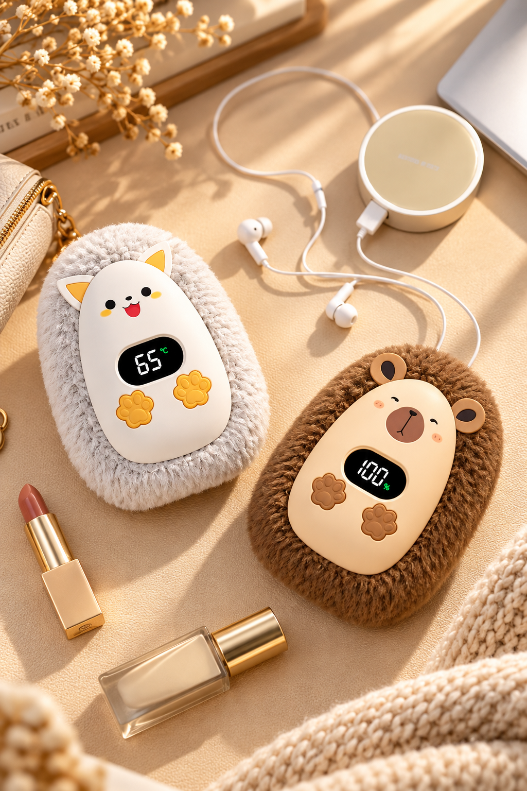 Compact plush hand warmers beside a notebook, glasses and headphones