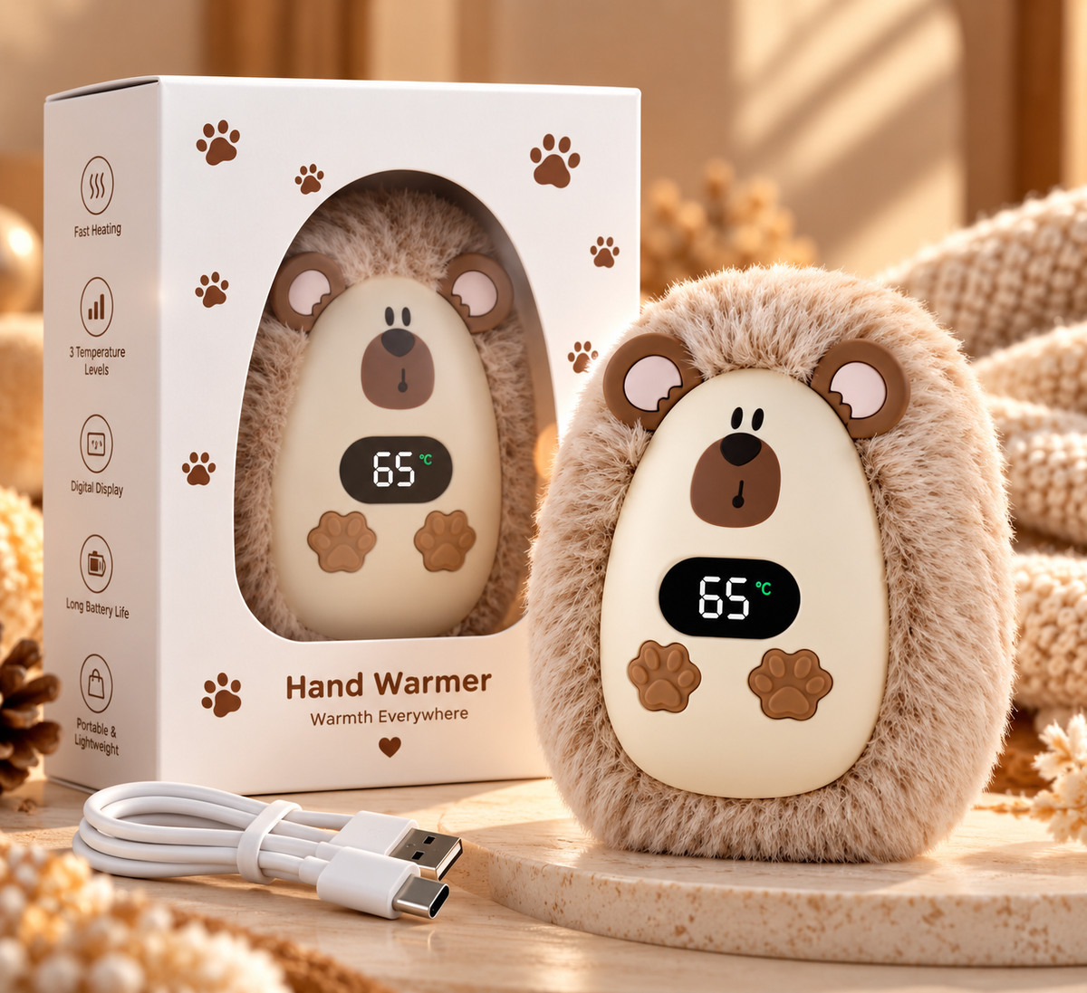 Plush hand warmer with its included Type-C cable