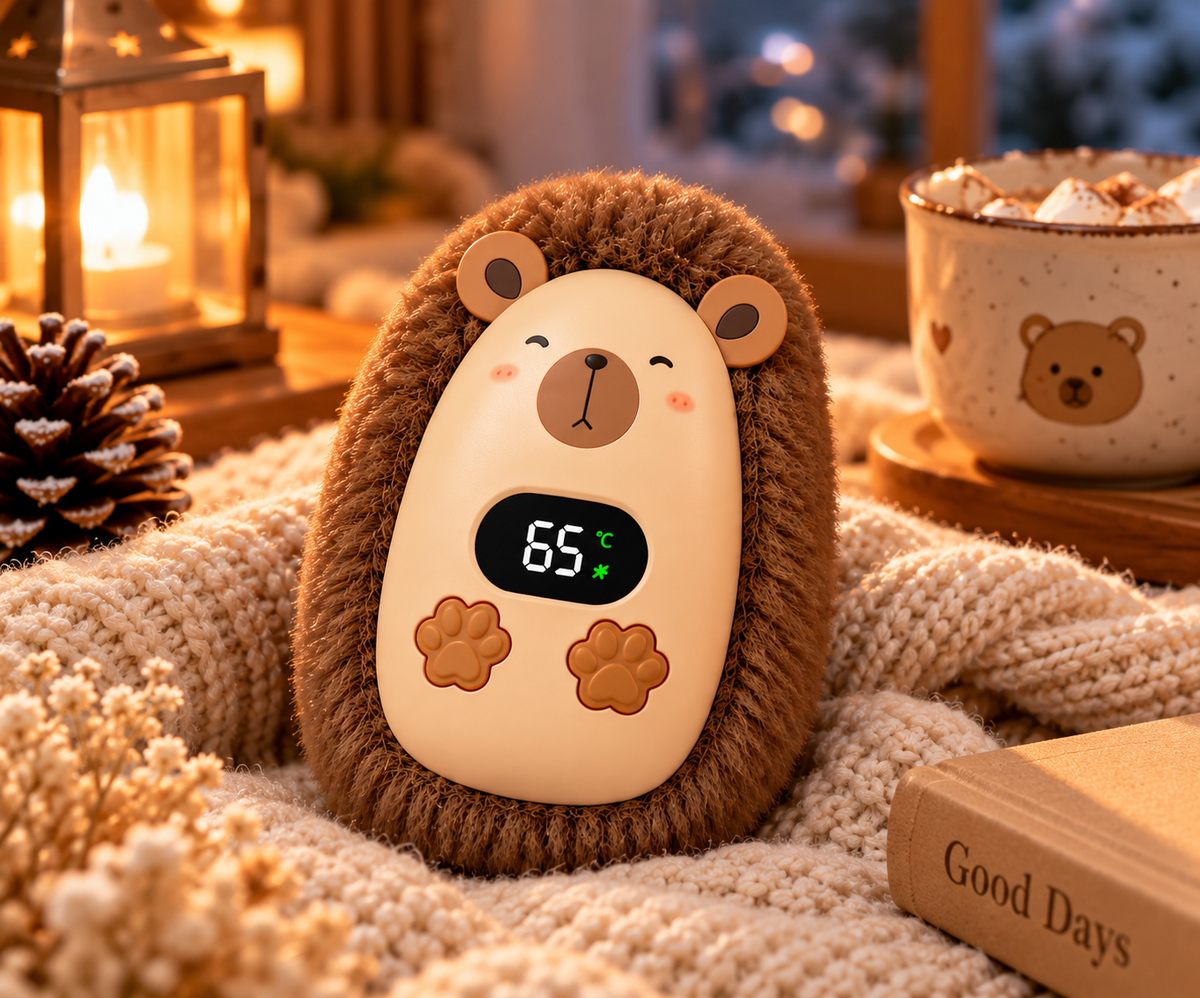 Brown plush pocket hand warmer on a knitted blanket beside a warm lantern