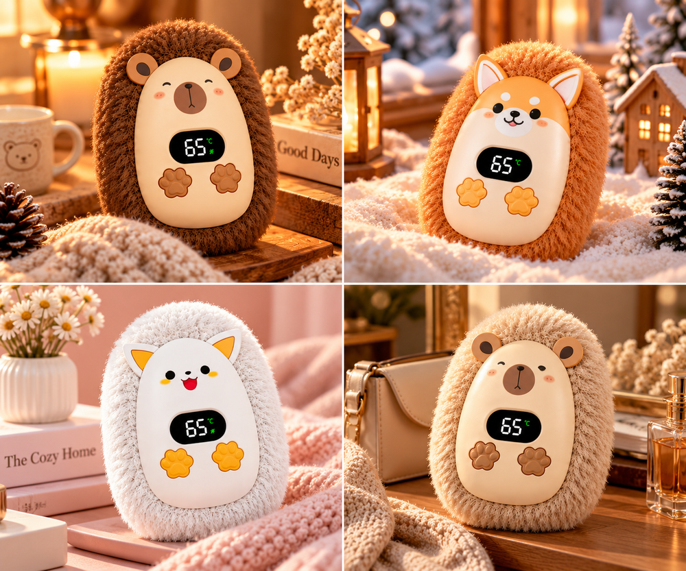 Four plush hand warmer styles in warm winter settings
